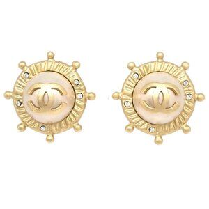 Chanel Gold Button Earrings Clip-On Rhinestone Artificial Pearl 05A 165940
